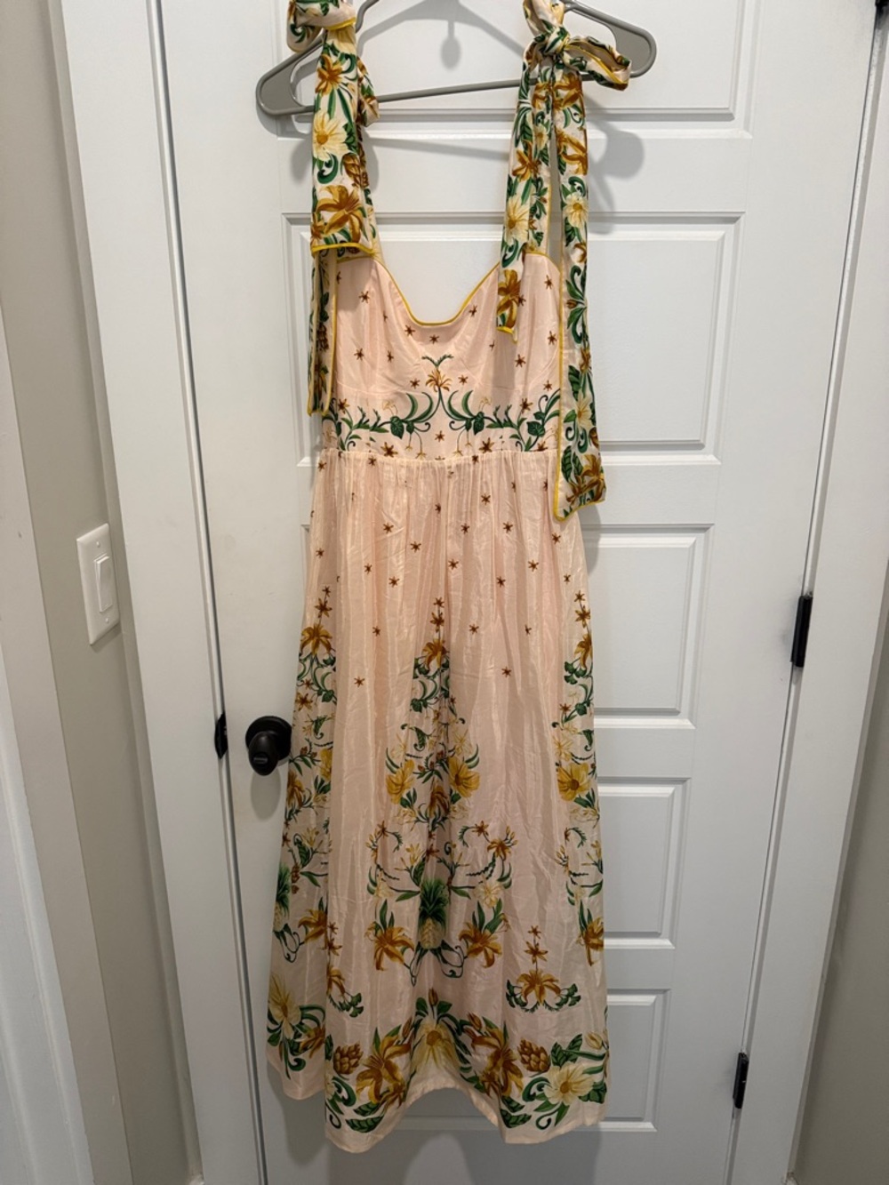 FARM Rio Pale Cream Midi Dress with Green & Yellow Floral Ties